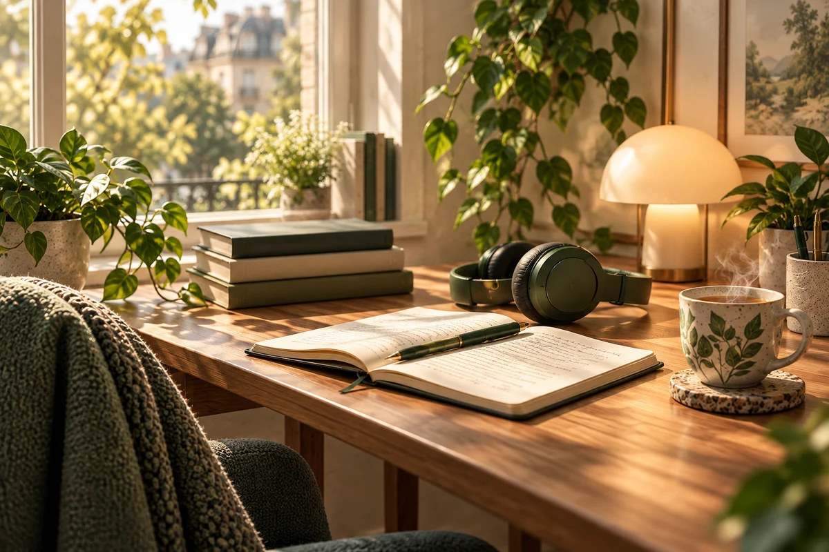 Un rincón luminoso con auriculares, cuaderno y una taza listo para conversar